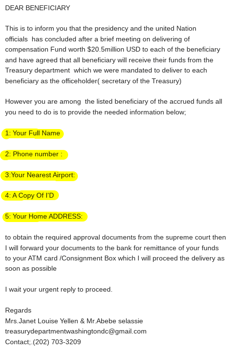 Scam email claiming the recipient is a beneficiary of a $20.5 million compensation fund from the presidency and United Nations, requesting personal information.