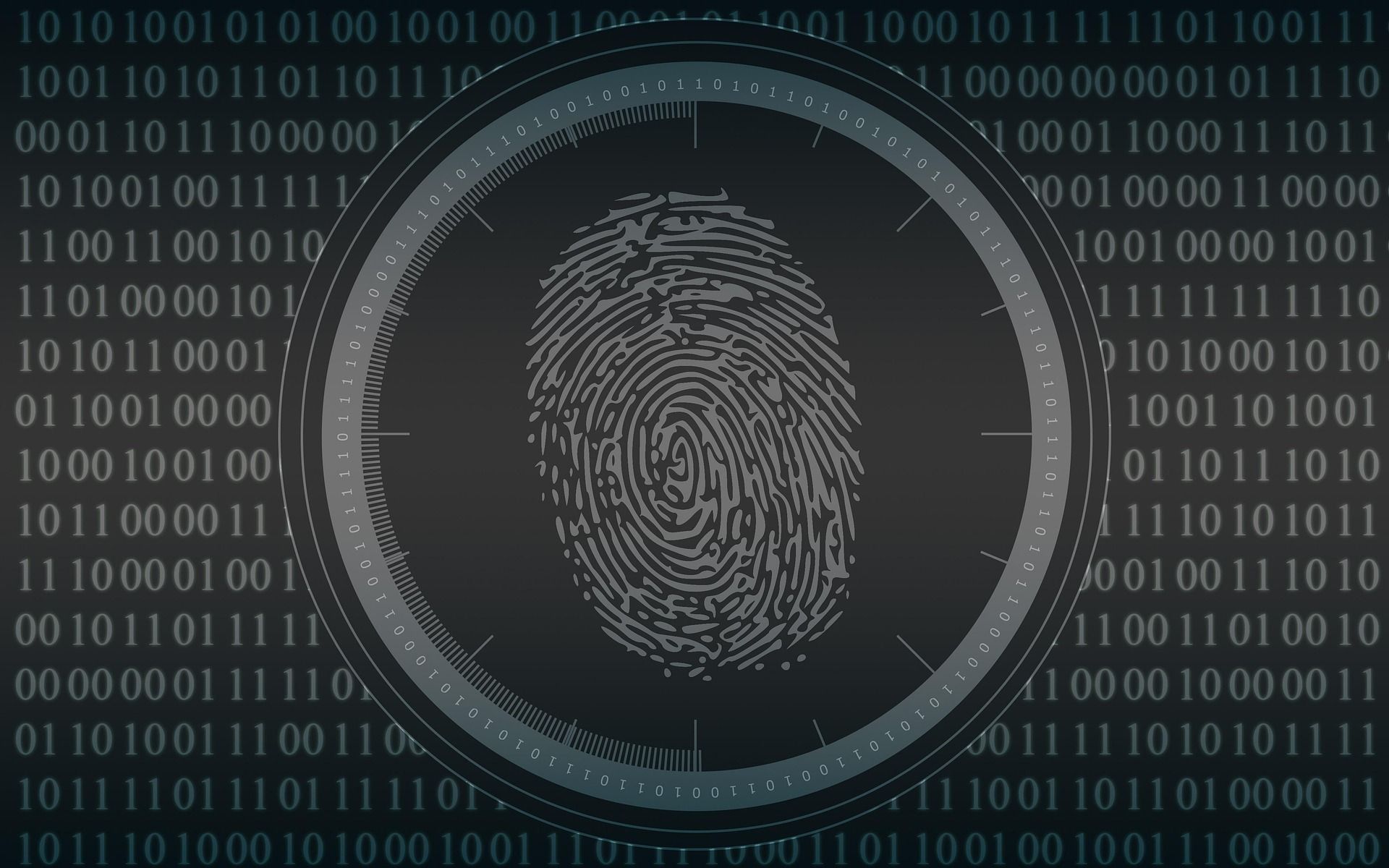 A fingerprint is centered within a circular scanning interface, overlaid on a background of binary code, illustrating biometric security and digital identification.