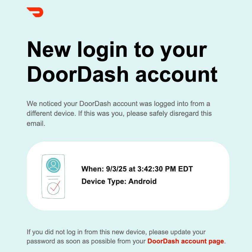 A screenshot of a legit DoorDash email, warning of a new login from an Android device.