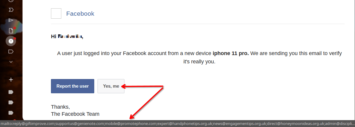 Suspicious email appearing to be from Facebook, claiming a login from a new iPhone 11 Pro and providing buttons to Report the user or confirm Yes, me.
