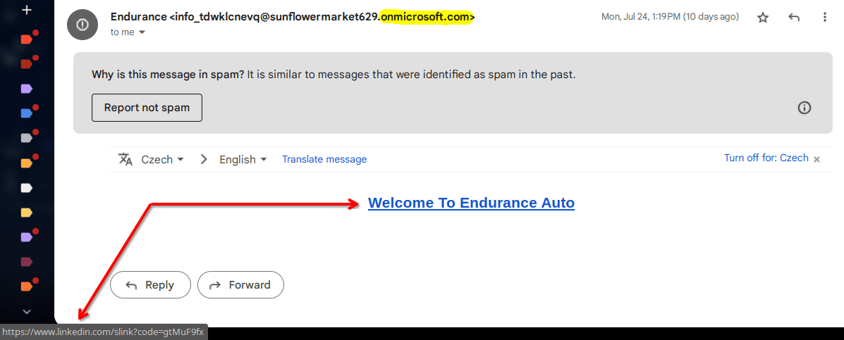 Spam email from Endurance Auto with a suspicious sender address, flagged as similar to past spam.