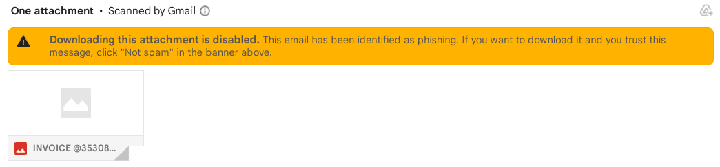 Email with a disabled attachment labeled INVOICE and a warning banner indicating it's been identified as phishing.