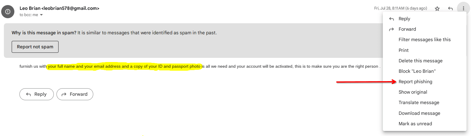 Email flagged as potential spam, with a prompt to provide personal information and an arrow pointing to the Report phishing option in the email menu.