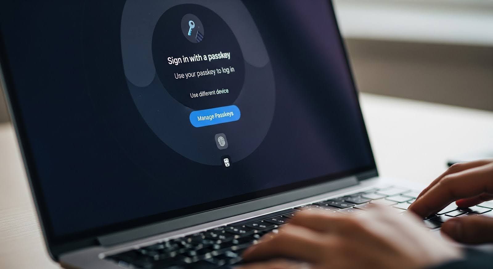 A person logs in to a website on a laptop using a passkey. The screen shows a Sign in with a passkey prompt.