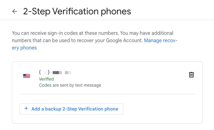 Verified phone number with the last four digits obscured, used for receiving 2-Step Verification codes via text message. An option to add a backup 2-Step Verification phone is available.