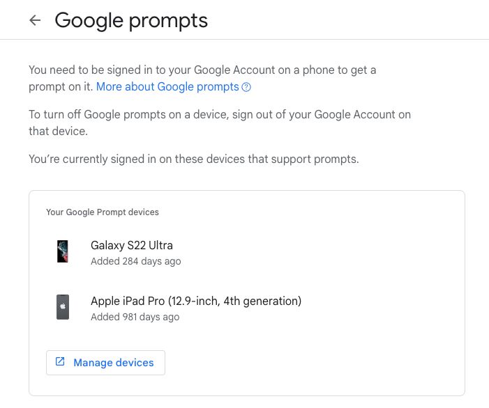 List of devices signed into Google account that support prompts: Galaxy S22 Ultra and Apple iPad Pro (12.9-inch, 4th generation).