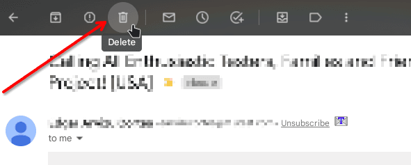 A close-up of an email interface showing the Delete button, indicated by a trash can icon with a mouse cursor hovering over it.