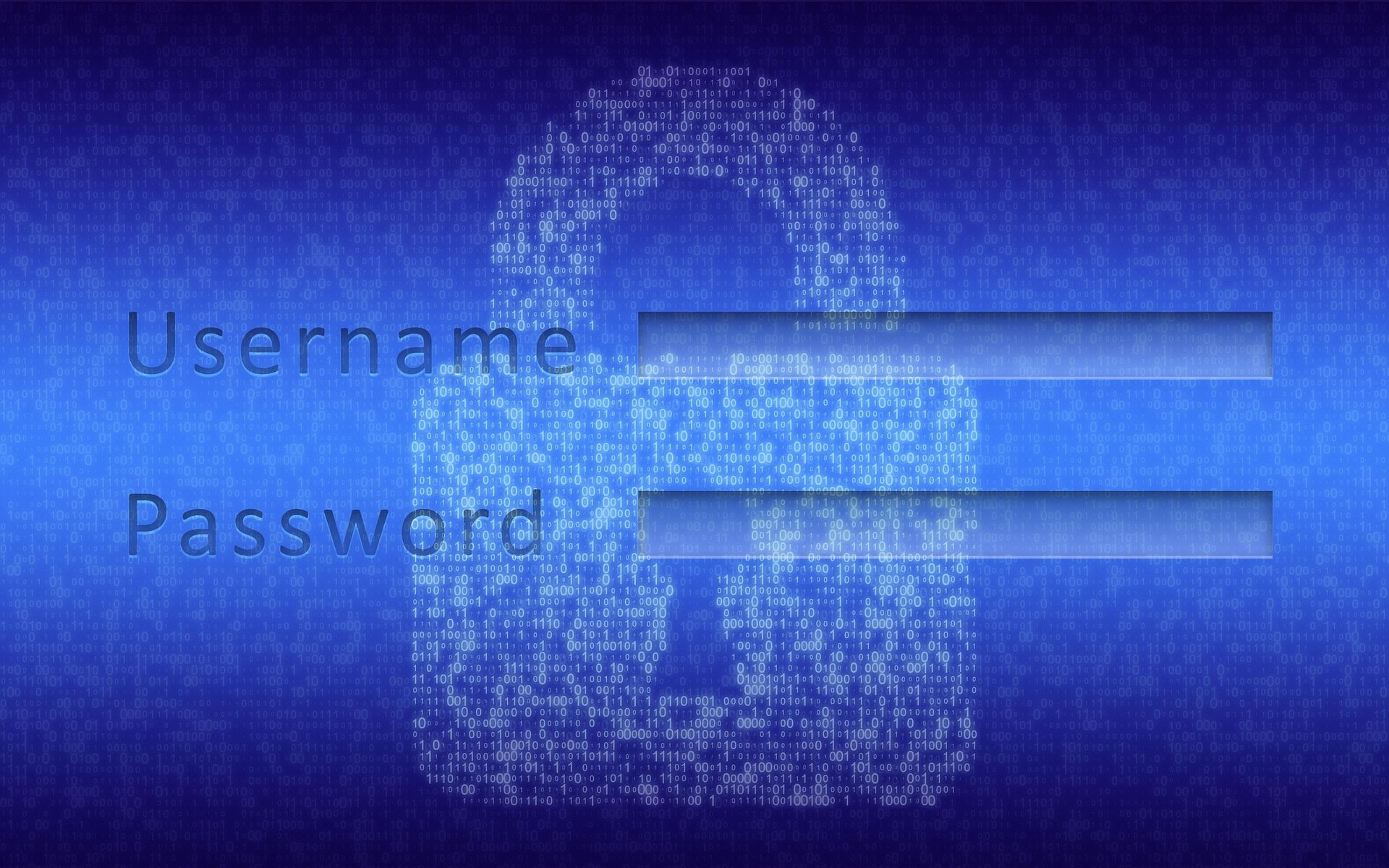 Username and Password text fields overlay a digital padlock formed from binary code on a gradient blue background, representing secure login.