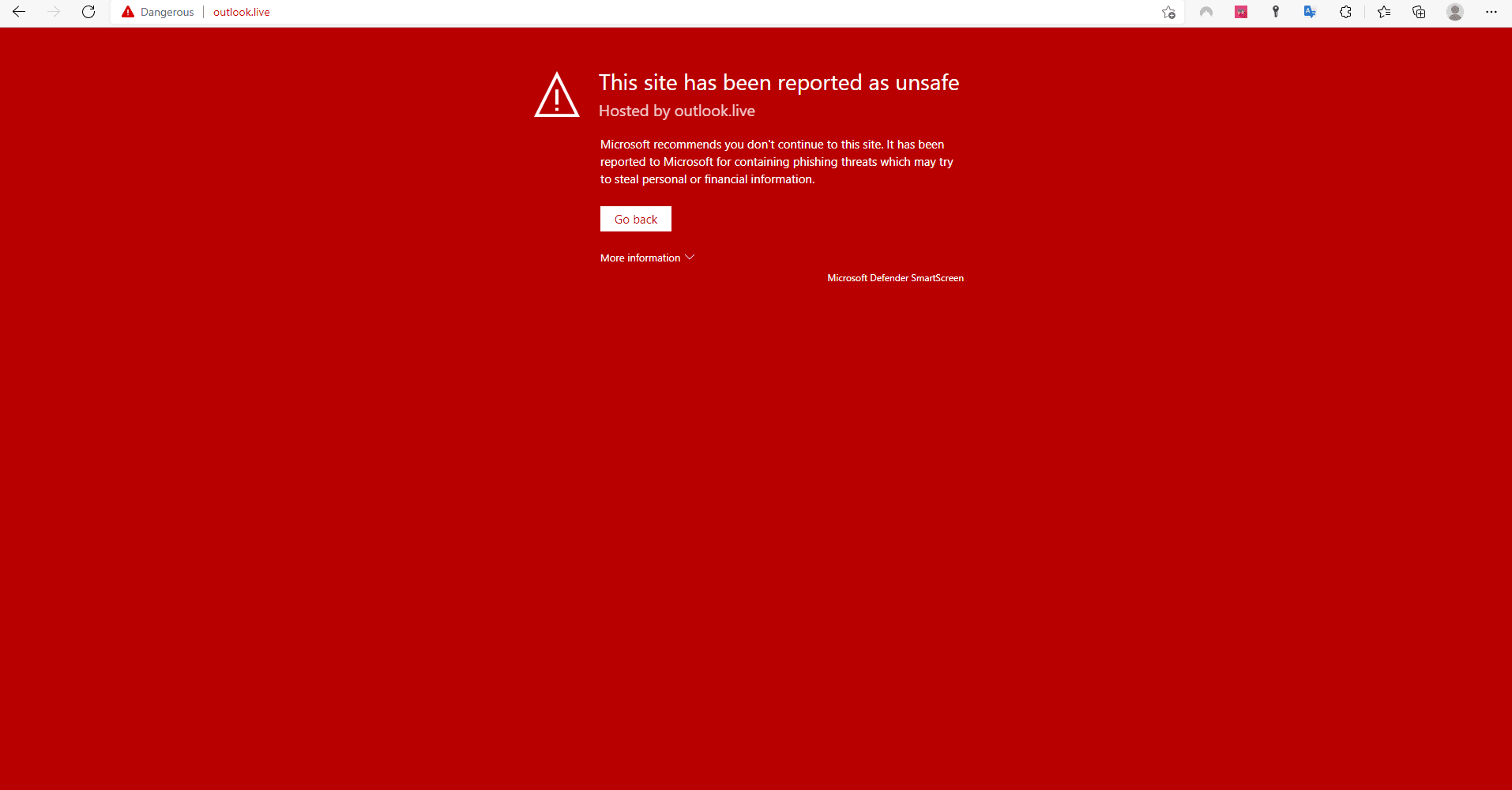 Red warning screen indicating that the website outlooklive has been reported as unsafe due to potential phishing threats.
